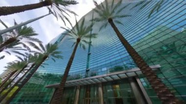 Miami, FL, ABD - 6 Ağustos 2024 Brickell Arch Binası. Düşük açılı titreşim dengeli hareket stoku videosu
