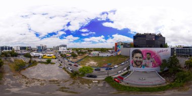 Miami, FL, ABD - 22 Nisan 2025: Wynwood Miami 2025 Hoş geldiniz işareti Messi sanat duvar resminin hava 360 eşdörtgen fotoğrafı