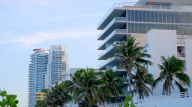 Miami Beach 'teki binalar ve palmiyeler. 8k stok video arkaplan sahnesi 2025