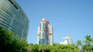 Miami Sahili, yüksek kuleler ve yeşil ağaçlar 8 km hızla çekiliyor.