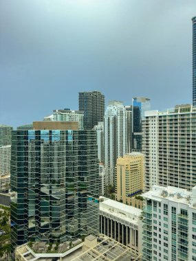 Vertical aerial photo Brickell Miami with overcast cloudy stormy