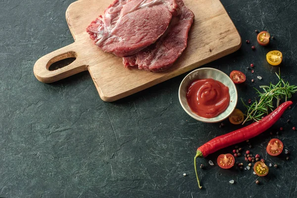 Raw Pork Meat Spices Hot Pepper Tomato Sauce Marinating Black Stock Picture