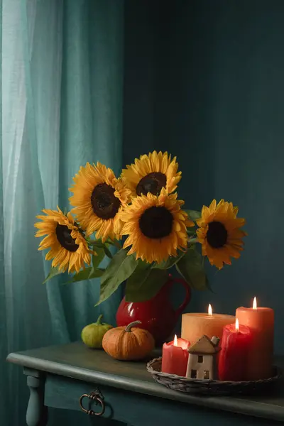 Beautiful Sunflowers Pumpkins Table Autumn Decor Candles Pumpkins — Stock Photo, Image
