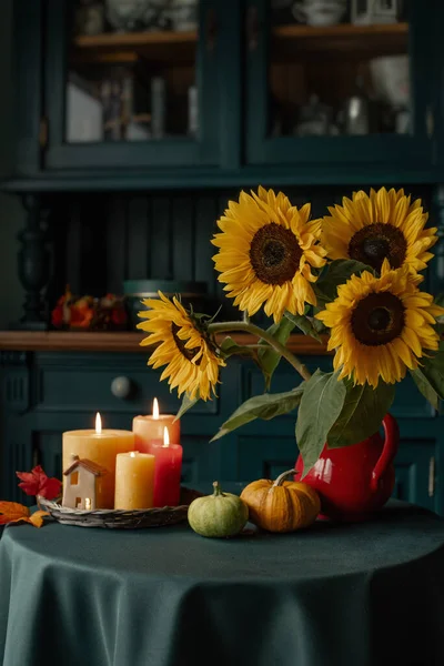 Beautiful Sunflowers Pumpkins Table Autumn Decor Candles Pumpkins — Stock Photo, Image
