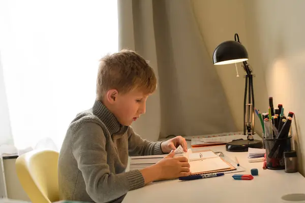Fiatal Fiú Otthon Tanul Ülni Egy Asztalnál Megcsinálni Házi Feladatát Jogdíjmentes Stock Fotók
