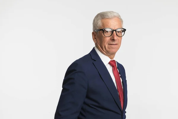 Side View Businessman His 60S Posing Grey Background Wearing Eyeglasses — Stock Photo, Image