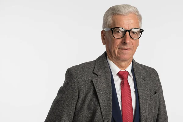 Retrato Velho Empresário Vestindo Casaco Cinza Terno Marinha Óculos Contra — Fotografia de Stock