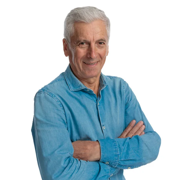 Portrait Good Looking Old Man Denim Shirt Smiling Crossing Arms — Stock Photo, Image