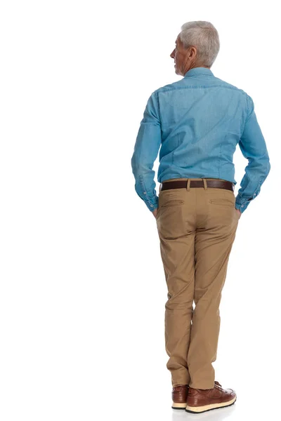 Rear View Casual Old Man Blue Denim Shirt Chino Pants — Stock Photo, Image