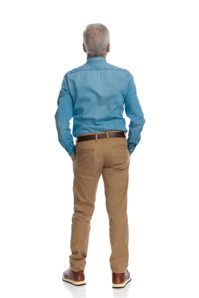 Rear View Man Grizzled Hair Wearing Denim Shirt Chino Pants — Stock Photo, Image