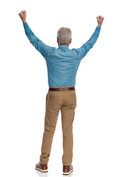 Back View Old Man Grey Hair Holding Fists Head Celebrating — Stock Photo, Image