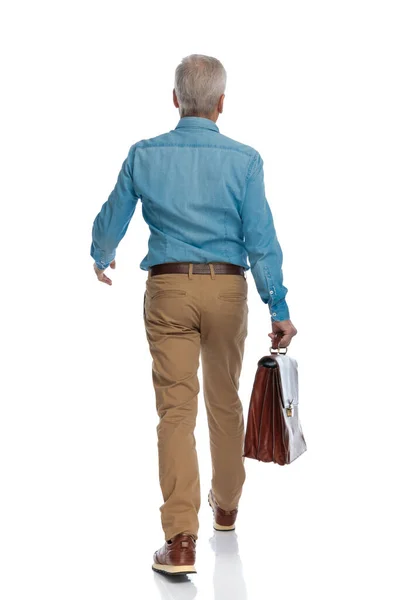 Back View Casual Man His 60S Suitcase Walking Moving Isolated — Stock Photo, Image
