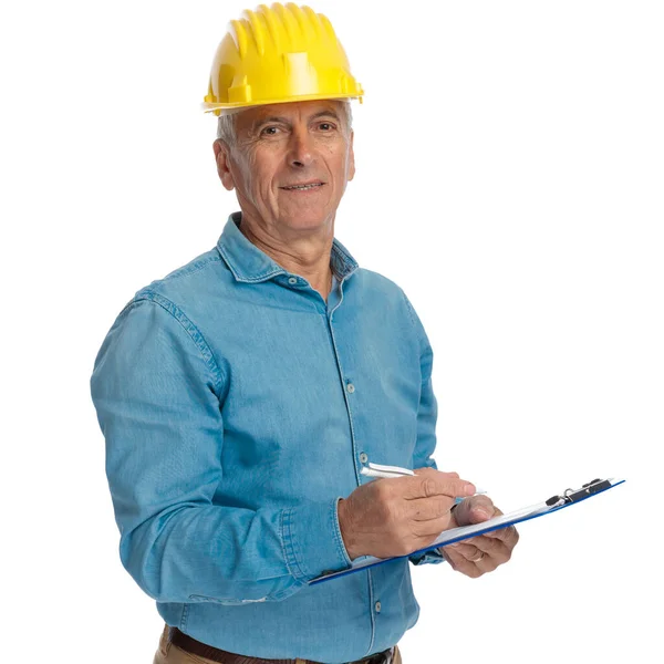 Portrait Handsome Old Man Protection Helmet Holding Notepad Taking Notes — Stock Photo, Image