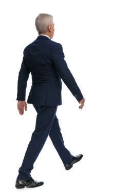 full body picture and rear view of an old businessman walking on his path