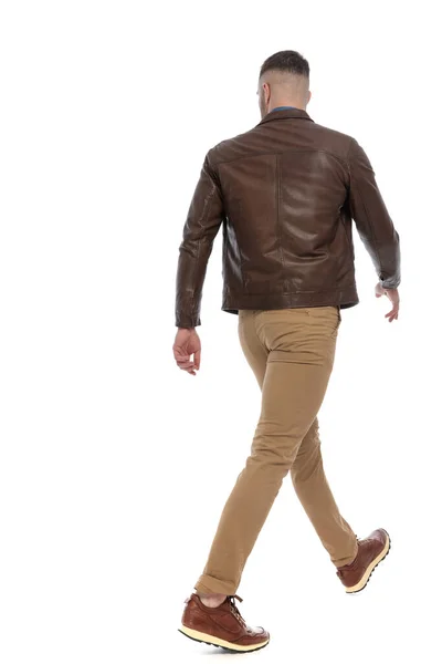 Back View Picture Cool Casual Man Brown Leather Jacket Chino — Stockfoto