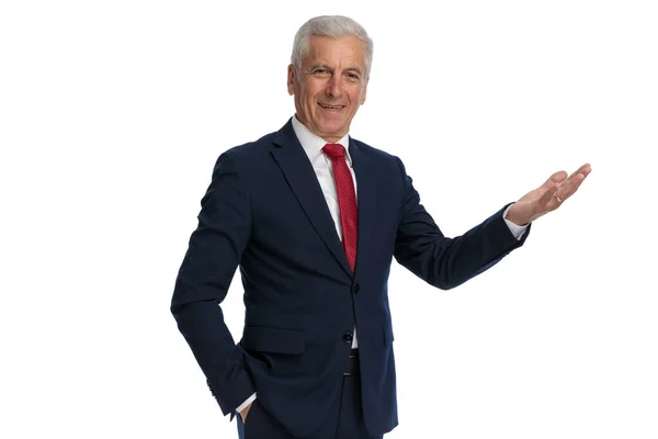 Businessman Putting One Hand Pocket Greeting One Open Hand — Foto Stock