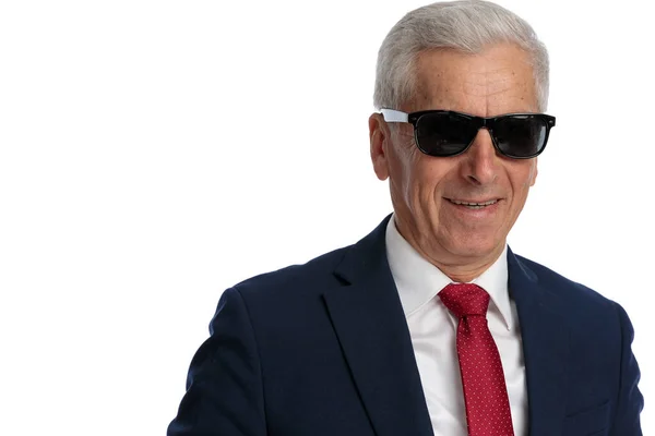 Portrait Happy Businessman His 60S Wearing Sunglasses Smiling Camera — Stockfoto