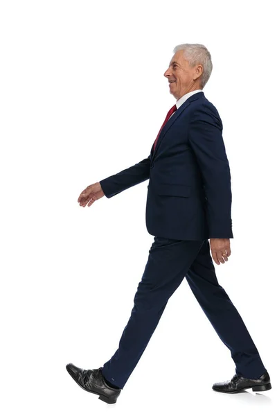 Full Body Picture Side View Old Business Man Walking His — Foto Stock
