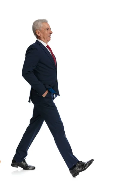 Full Body Picture Side View Old Businessman Walking Putting His — Stockfoto