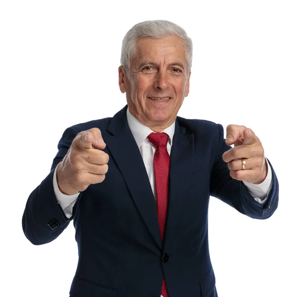 Business Man Navy Suit Red Tie Pointing Camera Both Hands — Zdjęcie stockowe