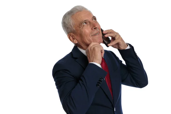 Businessman Talking Phone While Scratching His Chin Thinking Something — Foto Stock