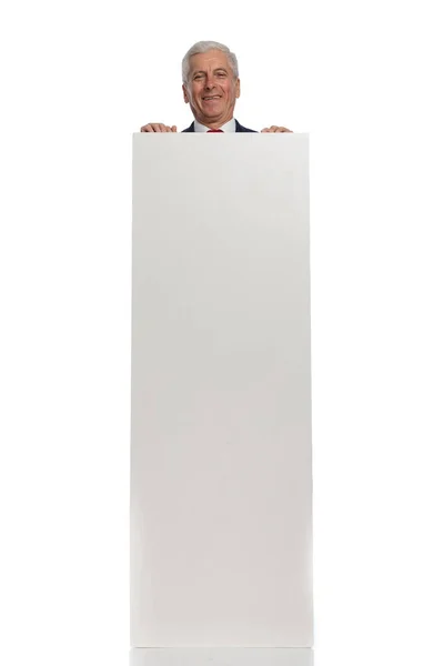 Full Body Picture Happy Businessman Holding Vertical Billboard — Stockfoto