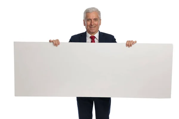 Happy Businessman Presenting His Wide Blank Billboard Smile His Face — Foto Stock