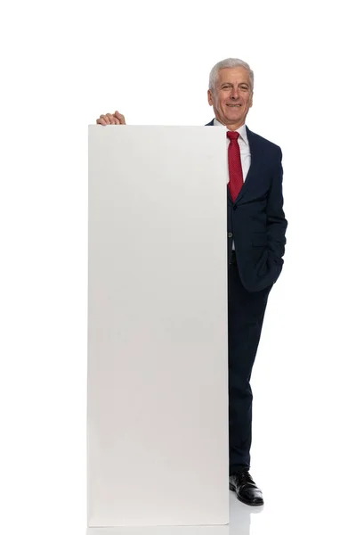 Full Body Picture Relaxed Businessman Presenting Something Vertical Billboard Holding — Foto Stock