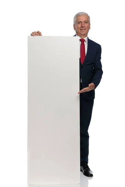 Full Body Picture Old Businessman Showing Something Vertical Billboard — Stock Photo, Image