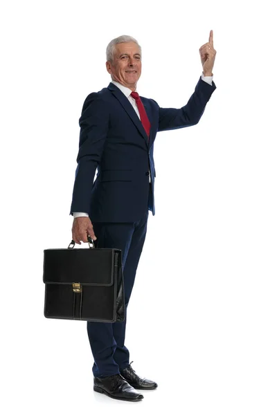 Full Body Picture Old Business Man Pointing Holding Briefcase Showing — Foto Stock