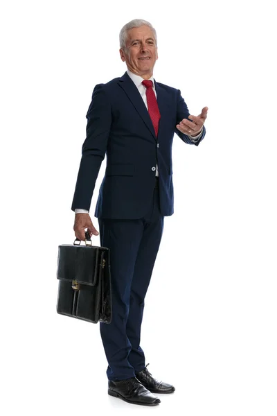 Full Body Picture Old Businessman Going Work His Briefcase Greeting — Stockfoto