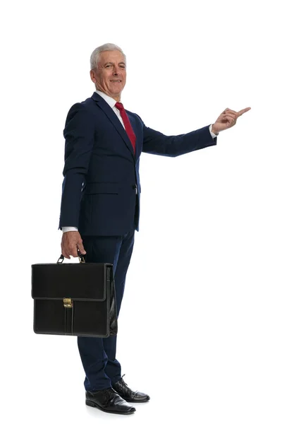 Full Body Picture Side View Old Businessman Showing His Going — Stockfoto