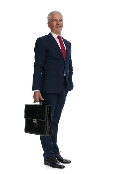 Full Body Picture Side View Old Business Man Holding Briefcase — Photo