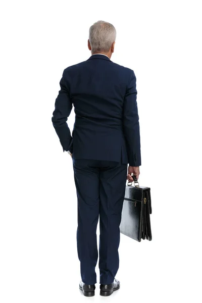 Full Body Picture Rear View Old Businessman Holding One Hand — Foto Stock
