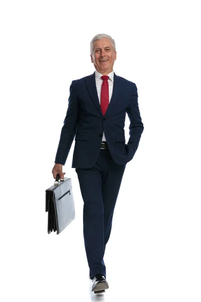 Full Body Picture Happy Businessman Walking Camera Smile His Face — Stockfoto