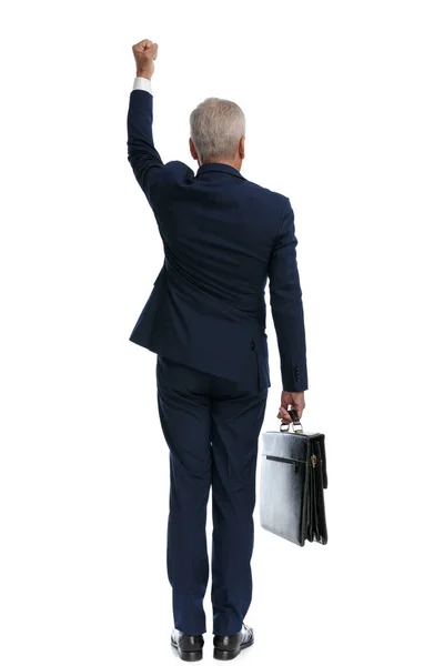 Full Body Picture Rear View Old Businessman Celebrating Success Holding — Foto Stock