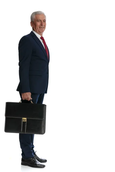 Full Body Picture Side View Old Businessman Waiting Line His — Stockfoto