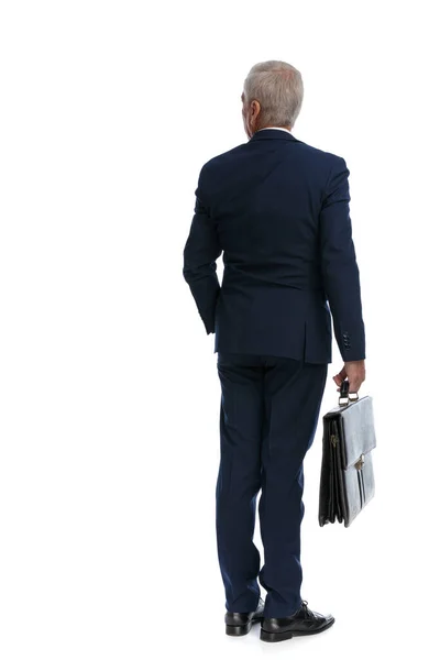 Full Body Picture Rear View Old Businessman Looking Side Holding — Stockfoto