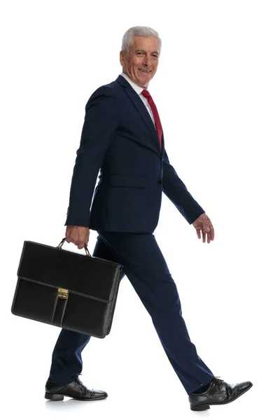 Full Body Picture Side View Old Business Man Walking His — Stockfoto