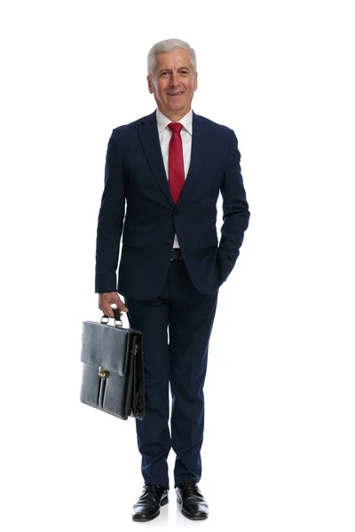 Full Body Picture Happy Businessman His 60S Putting One Hand — Foto Stock