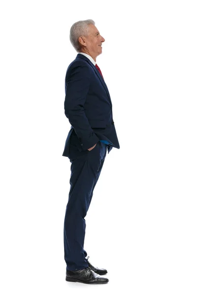 Full Body Picture Side View Happy Businessman Feeling Relaxed Putting — Fotografia de Stock