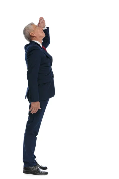 Full Body Picture Side View Old Businessman Protecting His Eyes — Stockfoto
