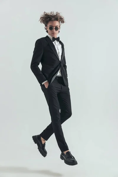 Full Body Picture Curly Hair Man Tuxedo Jumping Air Hands — Stock Photo, Image
