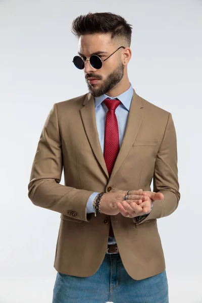 Portrait Attractive Businessman Rubbing His Palms Looking Away Standing Wearing — Foto de Stock