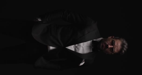 Sexy Elegant Man Holding Hands Pockets Adjusting Black Tuxedo Looking — Vídeos de Stock