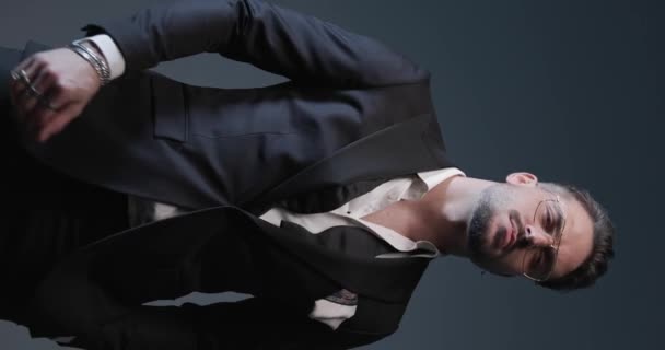 Project Video Sexy Young Best Man Spotlight Wearing Tuxedo Adjusting — Vídeo de Stock