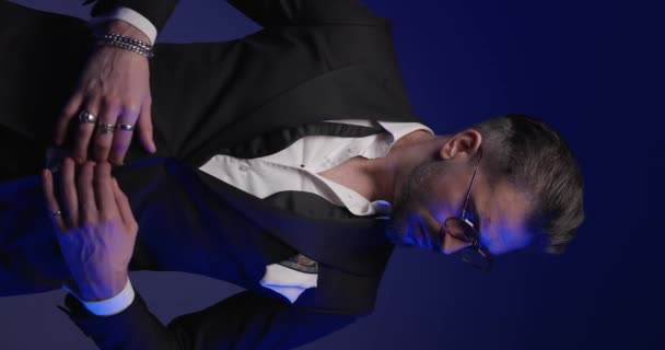 Sexy Fashion Groom Hands Pockets Looking Side Fixing Tuxedo Sleeves — Vídeos de Stock