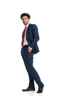 side view of elegant businessman with curly hair posing with hands in pockets in front of white background in studio