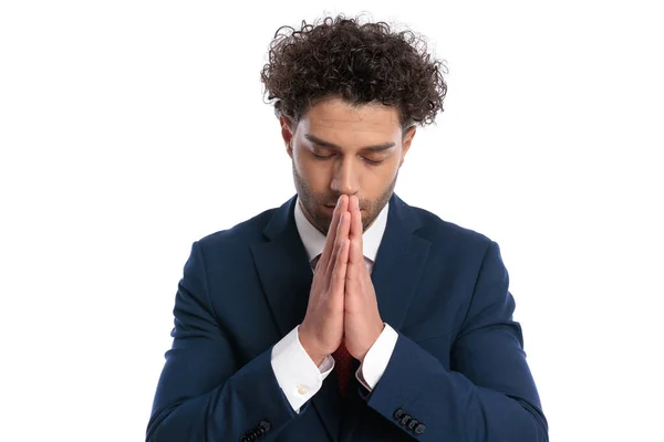 Lebanese Young Man Elegant Suit Being Spiritual Closing Eyes Praying — Zdjęcie stockowe