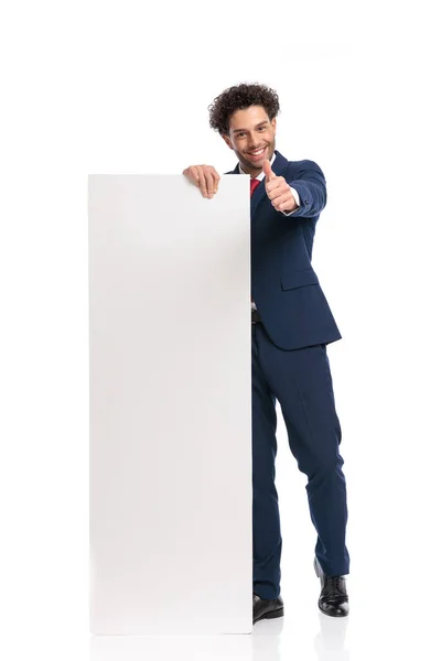 Sexy Young Man Empty Board Smiling Making Thumbs Gesture White — Stock Photo, Image